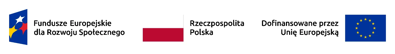 Od lewej logo z podpisem: Fundusze Europejskie dla Rozwoju Społecznego, flaga RP z podpisem: Rzeczpospolita Polska, podpis: Dofinansowane przez Unię Europejską, flaga UE.