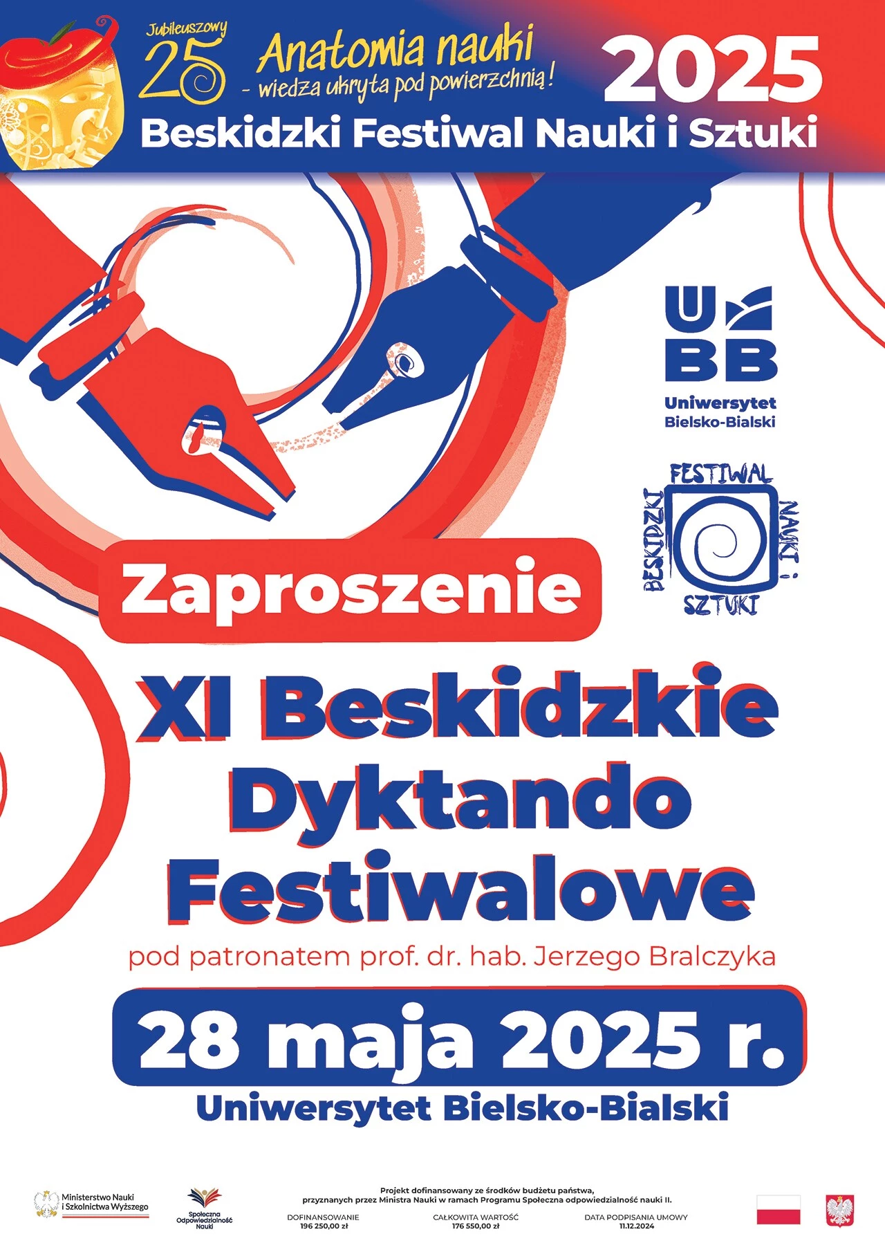 Plakat wydarzenia Beskidzkie Dyktando 2025, z kolorowymi grafikami i informacjami o wydarzeniu w Beskidach.